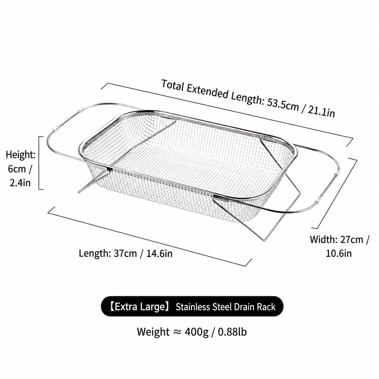 Stainless Steel Expandable Over-The-Sink Colander, Fine Mesh Rectangle Strainer Basket with Handles, Silver Kitchen Essential Utensil