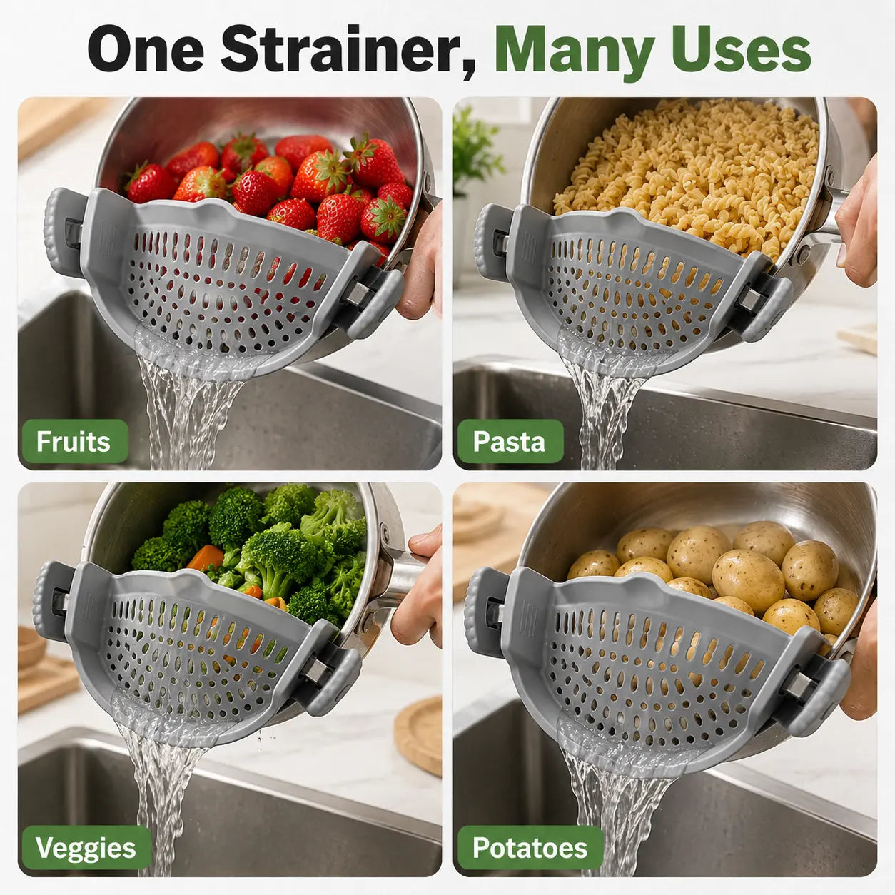 Silicone Clip-On Colander and Strainer for Pots, Pans, and Bowls - Ideal Kitchen Tool for Draining Pasta and Vegetables