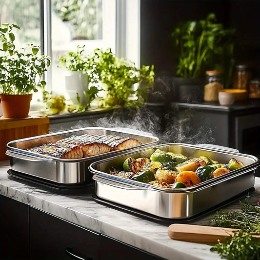 Set of 2 Extra Large Non-Stick Stainless Steel Baking Pans with Lids - 16" x 10" x 3" Rectangular Oven Trays for Desserts, Bread, and Seafood - Ideal for Grilling and Buffet Serving - Oven Safe and Spacious Design - Perfect Mother's Day Gift