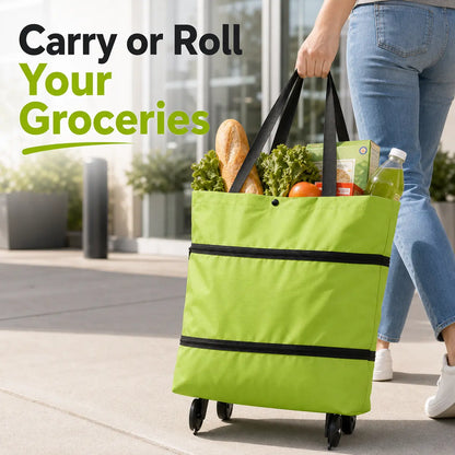 Foldable Rolling Shopping Cart with Wheels, Reusable Grocery Tote, Lightweight Oxford Cloth Bag with Handles for Groceries, Laundry, Travel, and Errands