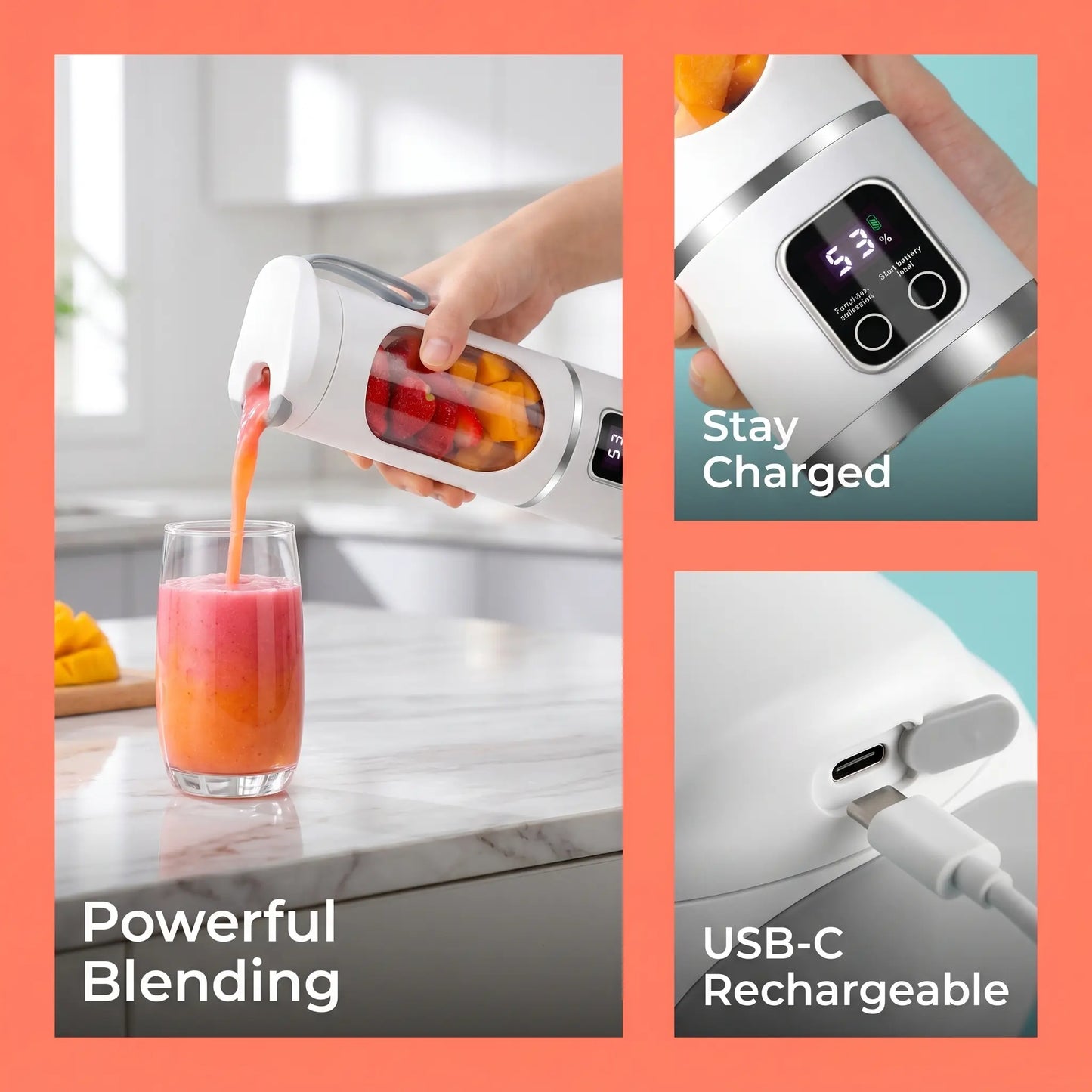 Portable 15.22 Oz USB Rechargeable Personal Blender with LED Display - Durable ABS Material, Ideal for Smoothies and Juices, Essential for Home Kitchen