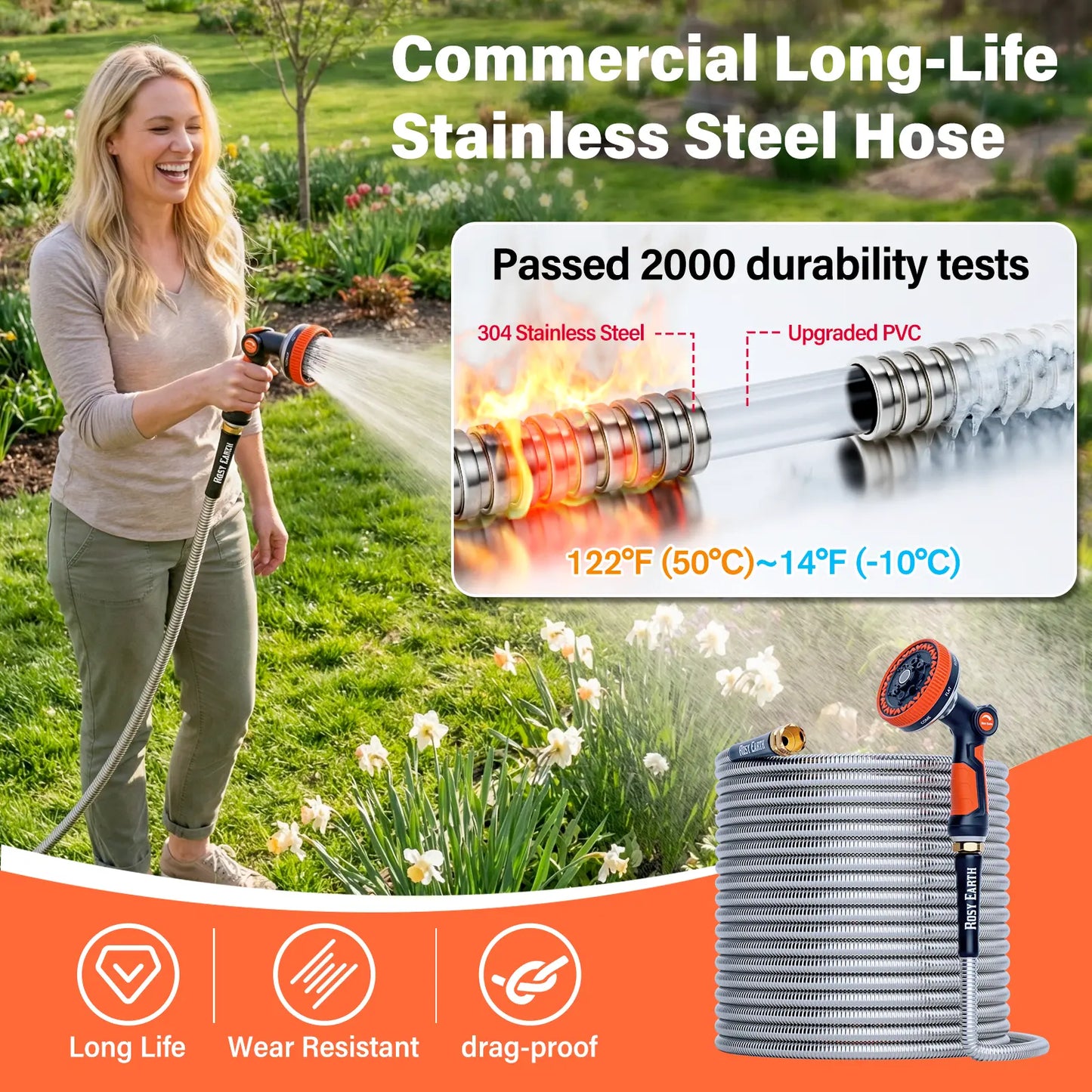 Rosy Earth Stainless Steel Garden Hose - Available in 25, 50, 75, and 100 Feet Lengths, Durable No-Kink Flexible Hose with Sprayer for Efficient Watering and Irrigation Solutions