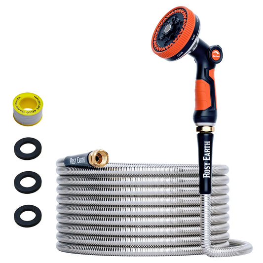 Rosy Earth Stainless Steel Garden Hose - Available in 25, 50, 75, and 100 Feet Lengths, Durable No-Kink Flexible Hose with Sprayer for Efficient Watering and Irrigation Solutions
