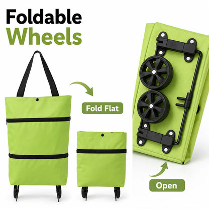 Foldable Rolling Shopping Cart with Wheels, Reusable Grocery Tote, Lightweight Oxford Cloth Bag with Handles for Groceries, Laundry, Travel, and Errands