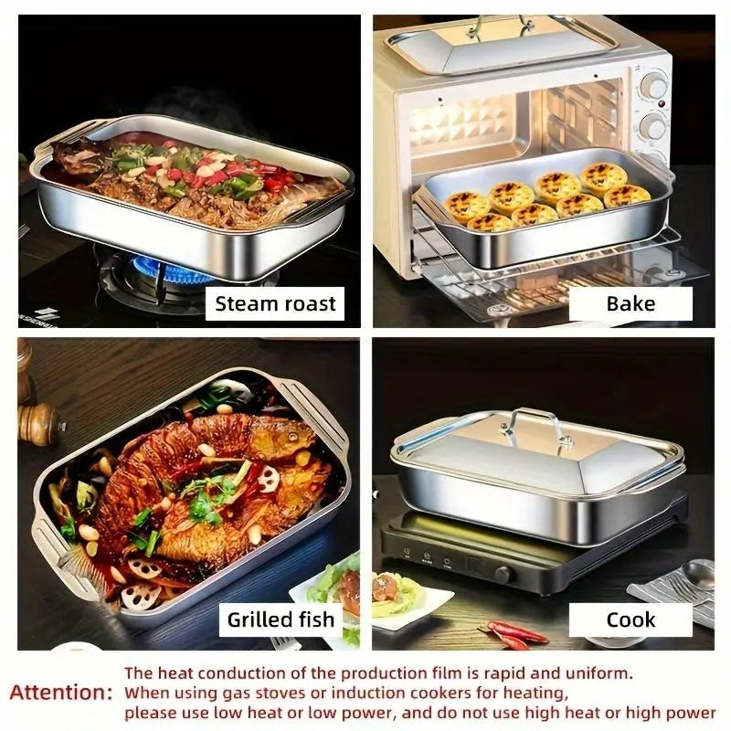 Set of 2 Extra Large Non-Stick Stainless Steel Baking Pans with Lids - 16" x 10" x 3" Rectangular Oven Trays for Desserts, Bread, and Seafood - Ideal for Grilling and Buffet Serving - Oven Safe and Spacious Design - Perfect Mother's Day Gift