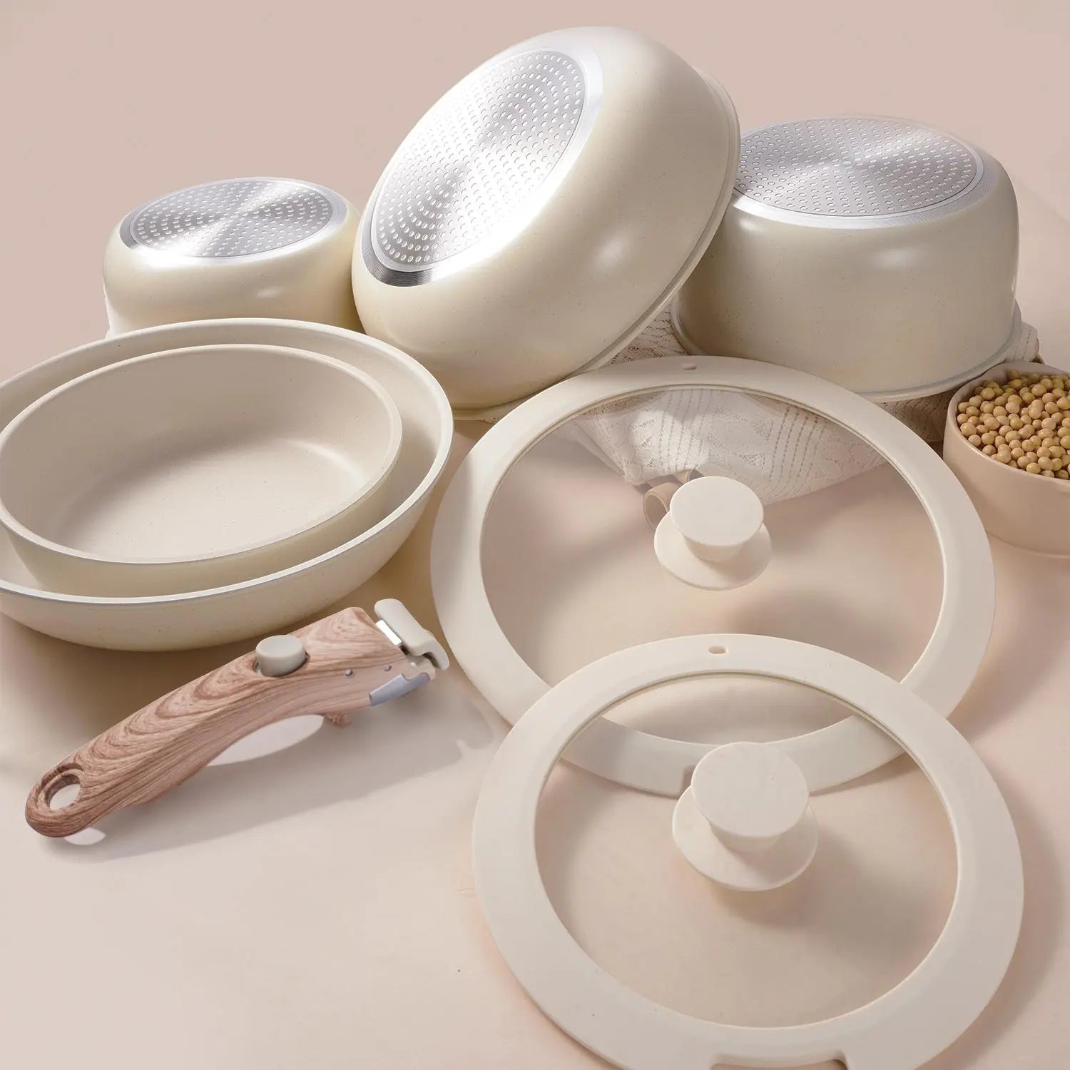 Portable Detachable Handle Aluminum Alloy Cookware Set with Lid and Frying Pan, Complete Kitchen Cooking Pots and Pans Collection