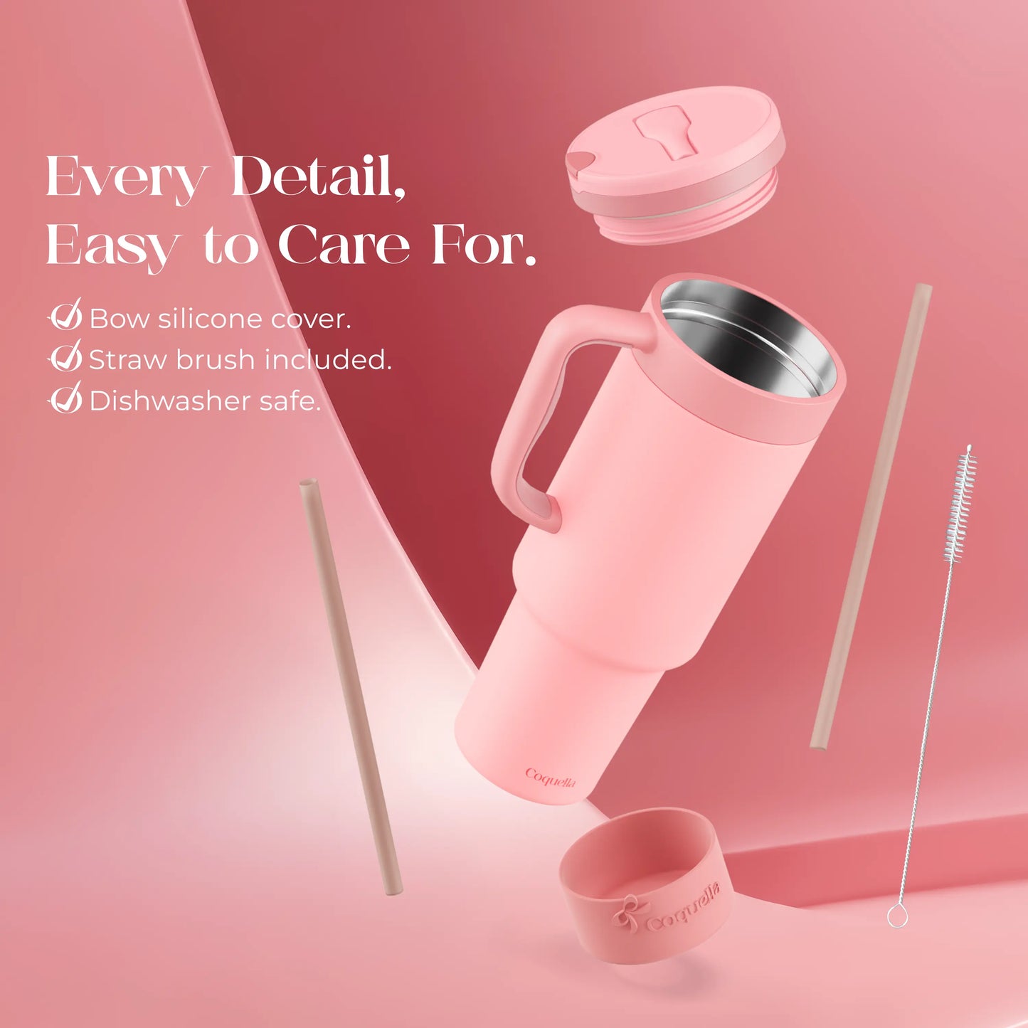 Coquella 40 oz Stainless Steel Insulated Tumbler with Handle and Push-Button Straw Lid, BPA-Free Travel Cup for Gym and Office, Leakproof Design with Silicone Boot, Pink (Rose Quartz)