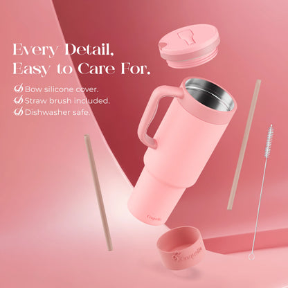 Coquella 40 oz Stainless Steel Insulated Tumbler with Handle and Push-Button Straw Lid, BPA-Free Travel Cup for Gym and Office, Leakproof Design with Silicone Boot, Pink (Rose Quartz)
