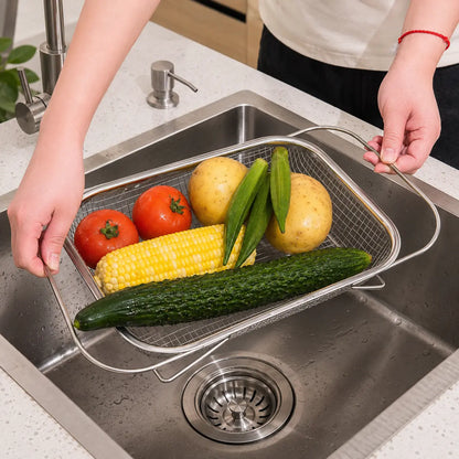 Stainless Steel Expandable Over-The-Sink Colander, Fine Mesh Rectangle Strainer Basket with Handles, Silver Kitchen Essential Utensil