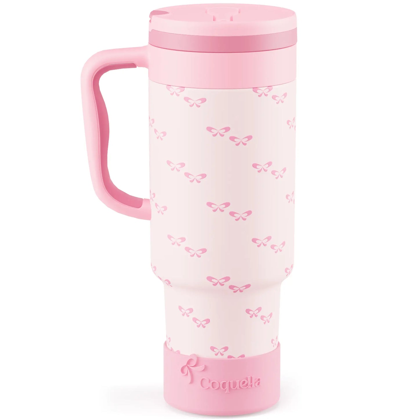 Coquella 40 oz Stainless Steel Insulated Tumbler with Handle and Push-Button Straw Lid, BPA-Free Travel Cup for Gym and Office, Leakproof Design with Silicone Boot, Pink (Rose Quartz)