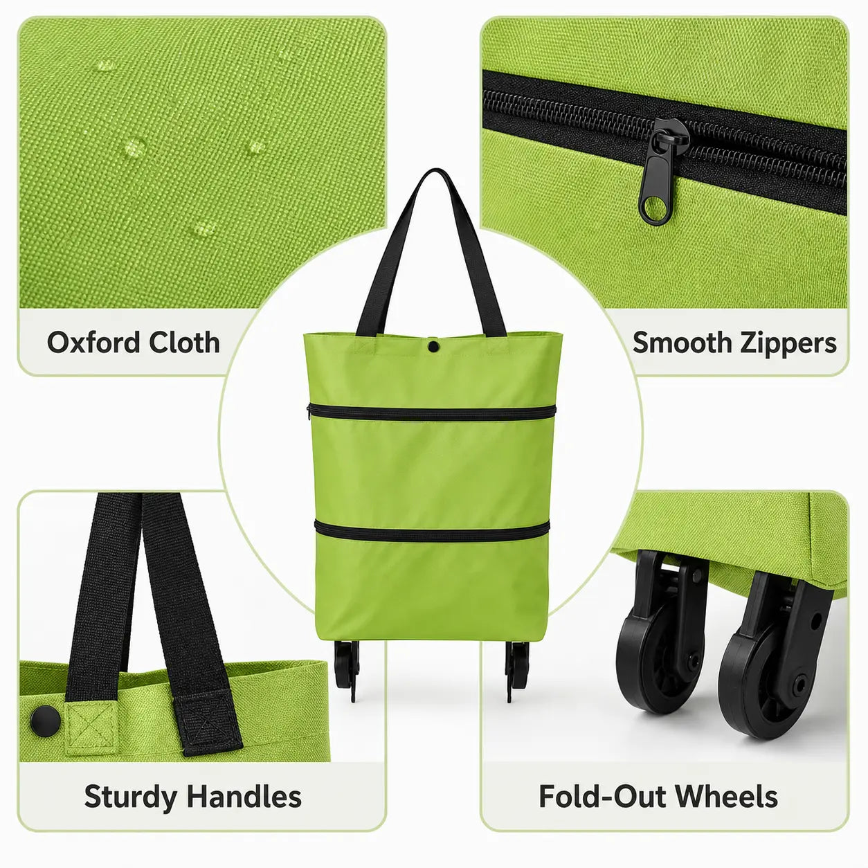 Foldable Rolling Shopping Cart with Wheels, Reusable Grocery Tote, Lightweight Oxford Cloth Bag with Handles for Groceries, Laundry, Travel, and Errands