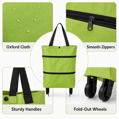 Foldable Rolling Shopping Cart with Wheels, Reusable Grocery Tote, Lightweight Oxford Cloth Bag with Handles for Groceries, Laundry, Travel, and Errands