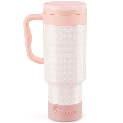 Coquella 40 oz Stainless Steel Insulated Tumbler with Handle and Push-Button Straw Lid, BPA-Free Travel Cup for Gym and Office, Leakproof Design with Silicone Boot, Pink (Rose Quartz)