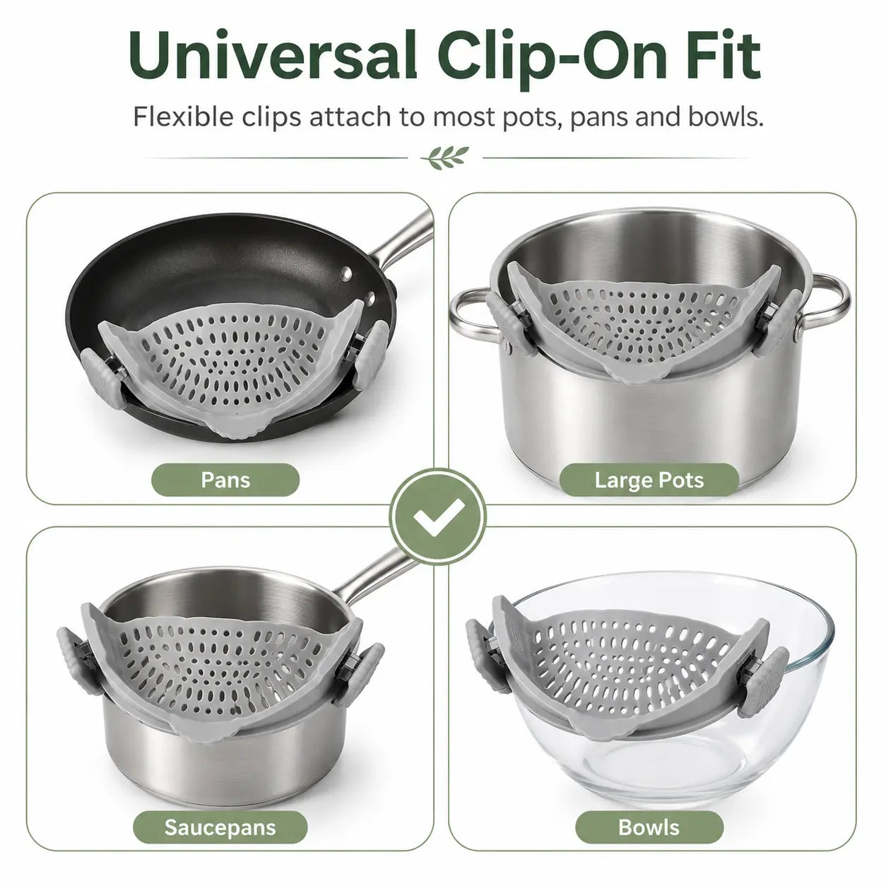 Silicone Clip-On Colander and Strainer for Pots, Pans, and Bowls - Ideal Kitchen Tool for Draining Pasta and Vegetables