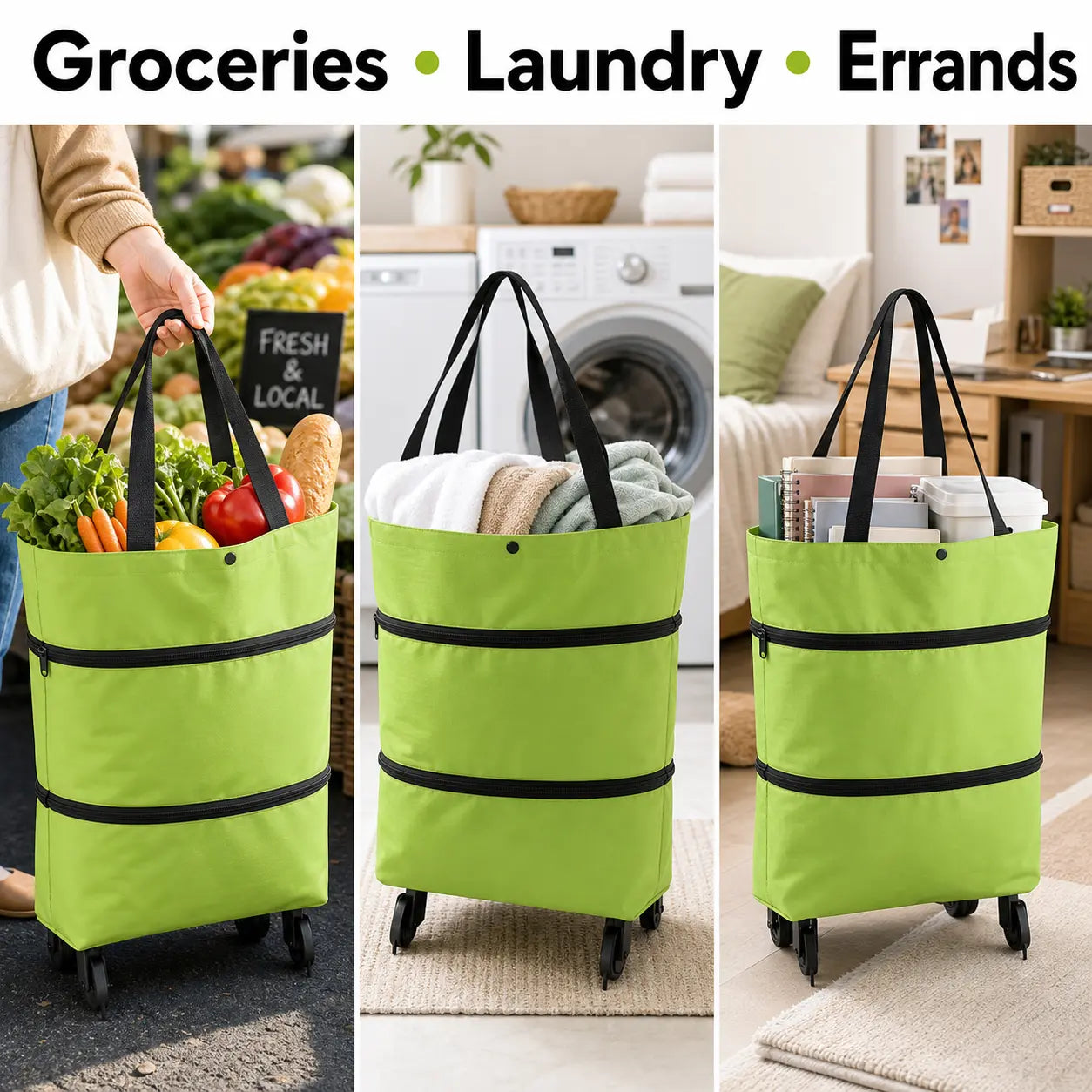 Foldable Rolling Shopping Cart with Wheels, Reusable Grocery Tote, Lightweight Oxford Cloth Bag with Handles for Groceries, Laundry, Travel, and Errands