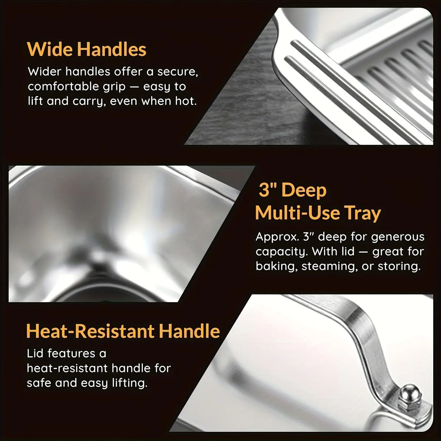 Set of 2 Extra Large Non-Stick Stainless Steel Baking Pans with Lids - 16" x 10" x 3" Rectangular Oven Trays for Desserts, Bread, and Seafood - Ideal for Grilling and Buffet Serving - Oven Safe and Spacious Design - Perfect Mother's Day Gift
