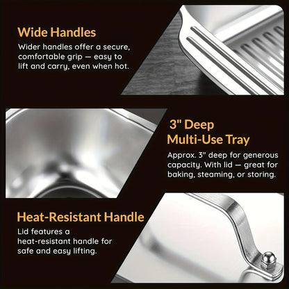 Set of 2 Extra Large Non-Stick Stainless Steel Baking Pans with Lids - 16" x 10" x 3" Rectangular Oven Trays for Desserts, Bread, and Seafood - Ideal for Grilling and Buffet Serving - Oven Safe and Spacious Design - Perfect Mother's Day Gift
