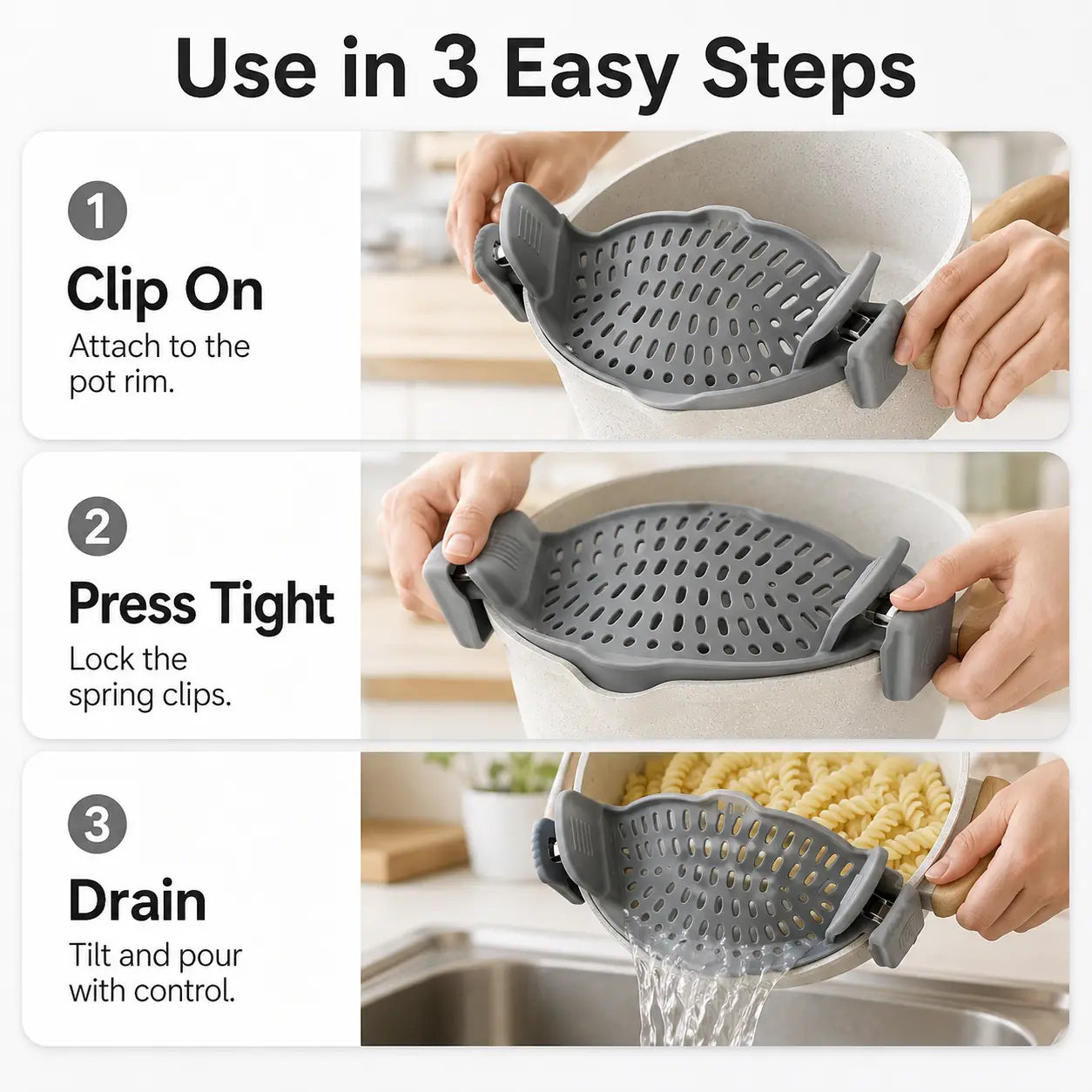 Silicone Clip-On Colander and Strainer for Pots, Pans, and Bowls - Ideal Kitchen Tool for Draining Pasta and Vegetables