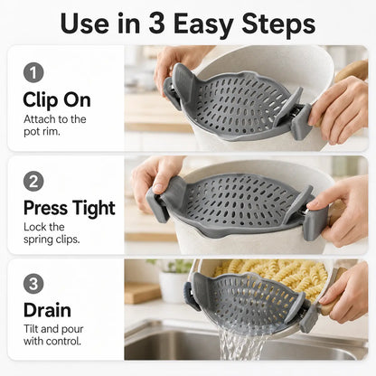Silicone Clip-On Colander and Strainer for Pots, Pans, and Bowls - Ideal Kitchen Tool for Draining Pasta and Vegetables