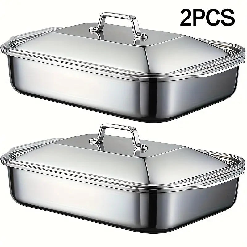 Set of 2 Extra Large Non-Stick Stainless Steel Baking Pans with Lids - 16" x 10" x 3" Rectangular Oven Trays for Desserts, Bread, and Seafood - Ideal for Grilling and Buffet Serving - Oven Safe and Spacious Design - Perfect Mother's Day Gift