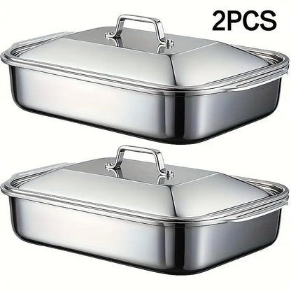 Set of 2 Extra Large Non-Stick Stainless Steel Baking Pans with Lids - 16" x 10" x 3" Rectangular Oven Trays for Desserts, Bread, and Seafood - Ideal for Grilling and Buffet Serving - Oven Safe and Spacious Design - Perfect Mother's Day Gift