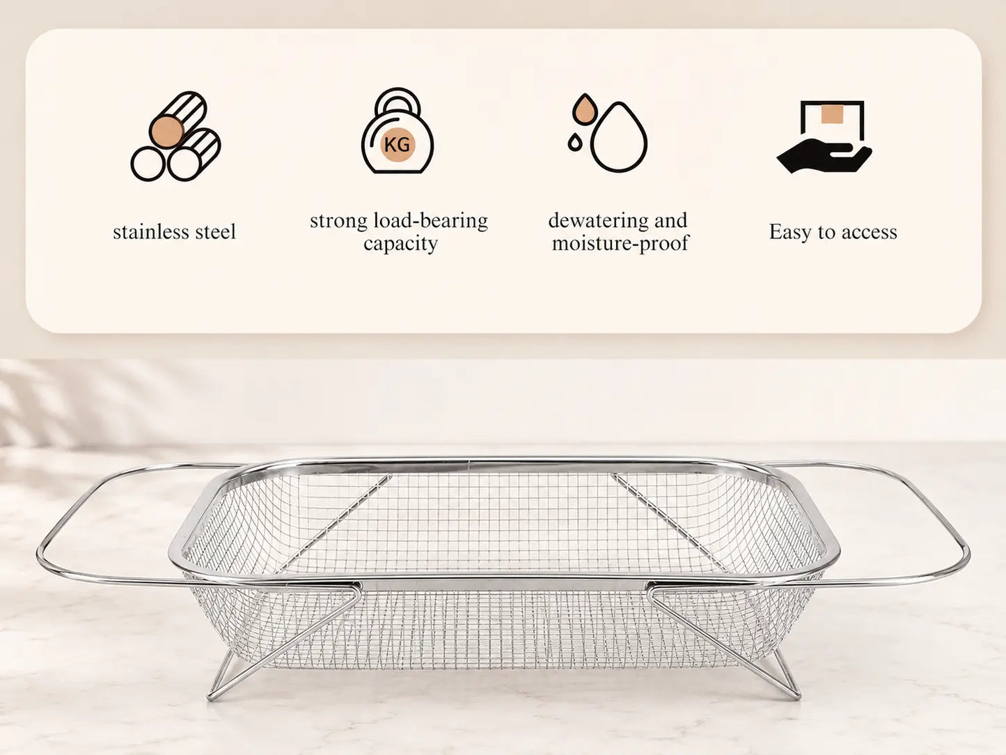 Stainless Steel Expandable Over-The-Sink Colander, Fine Mesh Rectangle Strainer Basket with Handles, Silver Kitchen Essential Utensil