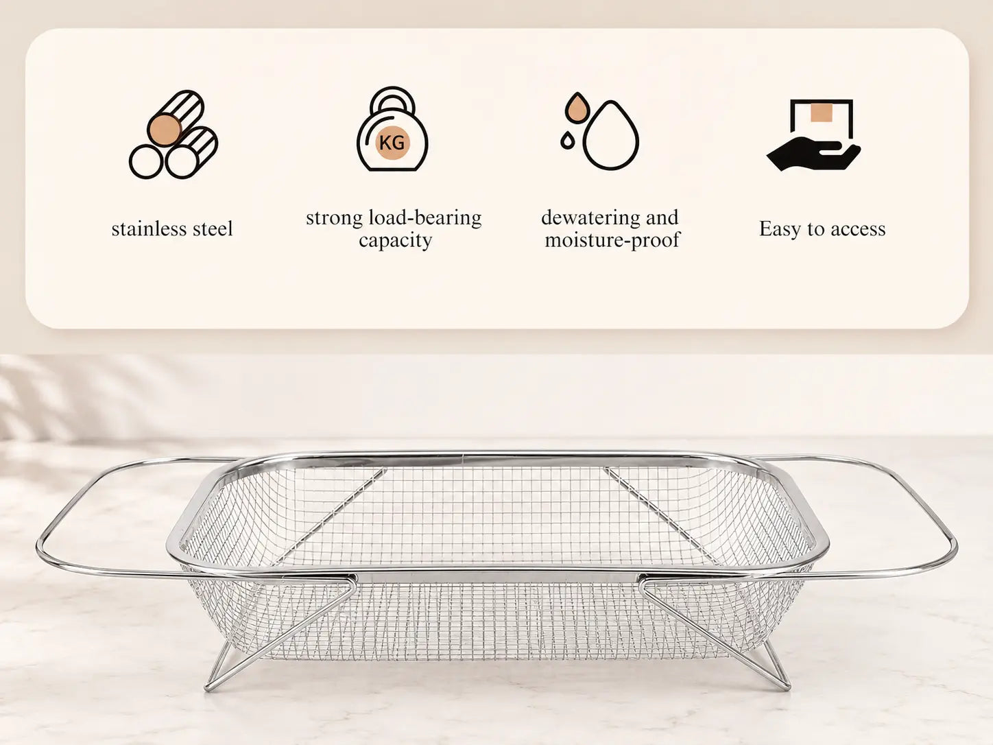 Stainless Steel Expandable Over-The-Sink Colander, Fine Mesh Rectangle Strainer Basket with Handles, Silver Kitchen Essential Utensil