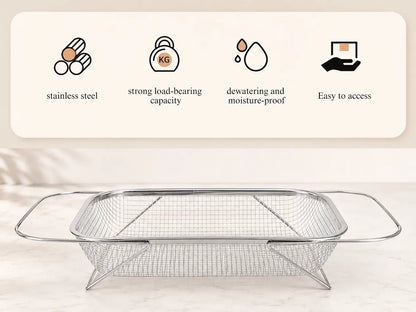 Stainless Steel Expandable Over-The-Sink Colander, Fine Mesh Rectangle Strainer Basket with Handles, Silver Kitchen Essential Utensil