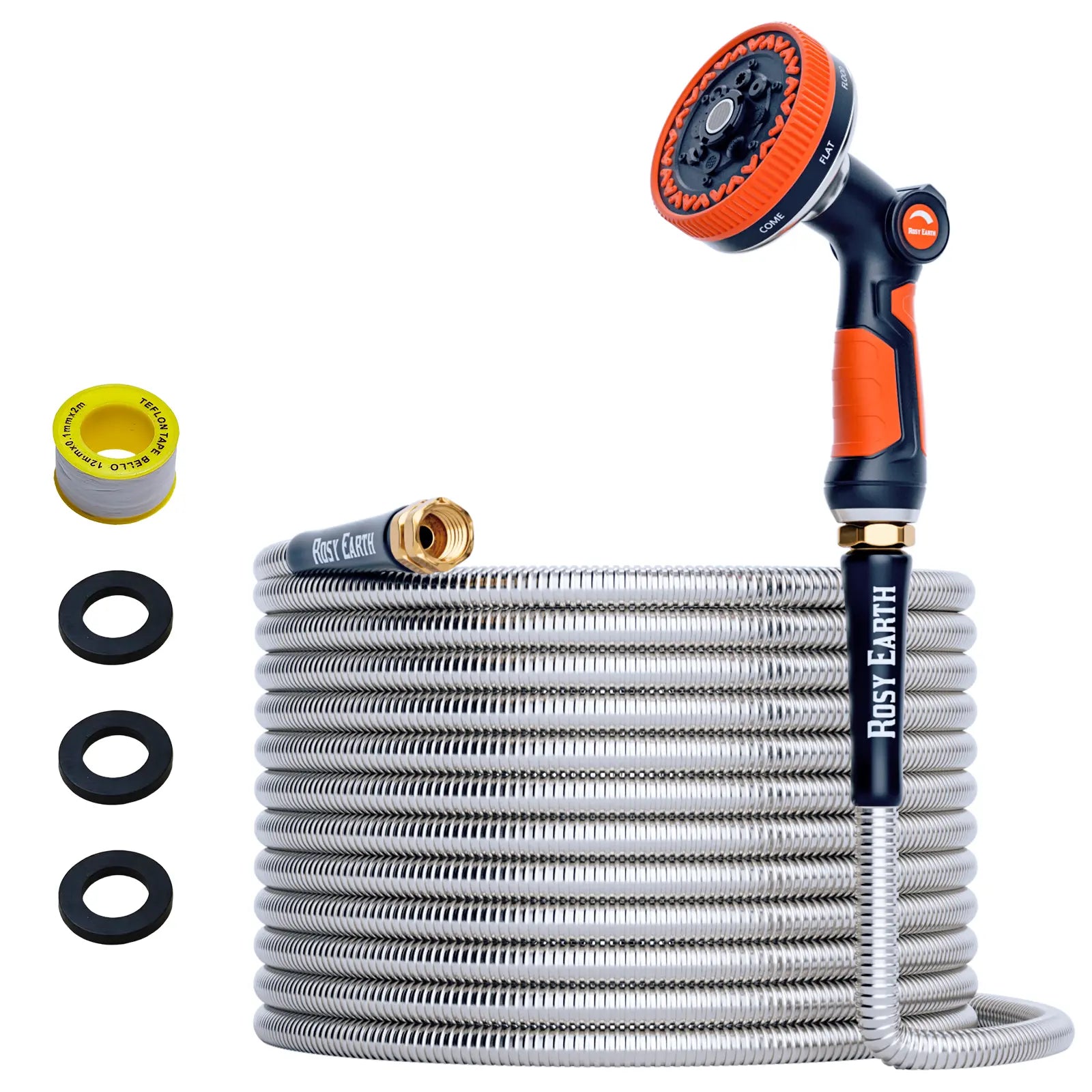 Rosy Earth Stainless Steel Garden Hose - Available in 25, 50, 75, and 100 Feet Lengths, Durable No-Kink Flexible Hose with Sprayer for Efficient Watering and Irrigation Solutions