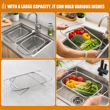 Stainless Steel Expandable Over-The-Sink Colander, Fine Mesh Rectangle Strainer Basket with Handles, Silver Kitchen Essential Utensil