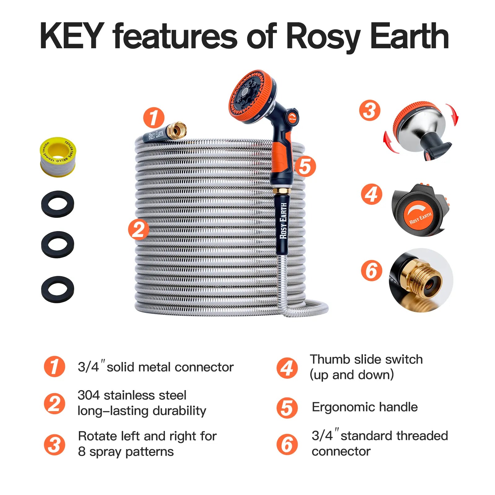 Rosy Earth Stainless Steel Garden Hose - Available in 25, 50, 75, and 100 Feet Lengths, Durable No-Kink Flexible Hose with Sprayer for Efficient Watering and Irrigation Solutions
