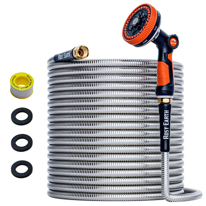 Rosy Earth Stainless Steel Garden Hose - Available in 25, 50, 75, and 100 Feet Lengths, Durable No-Kink Flexible Hose with Sprayer for Efficient Watering and Irrigation Solutions