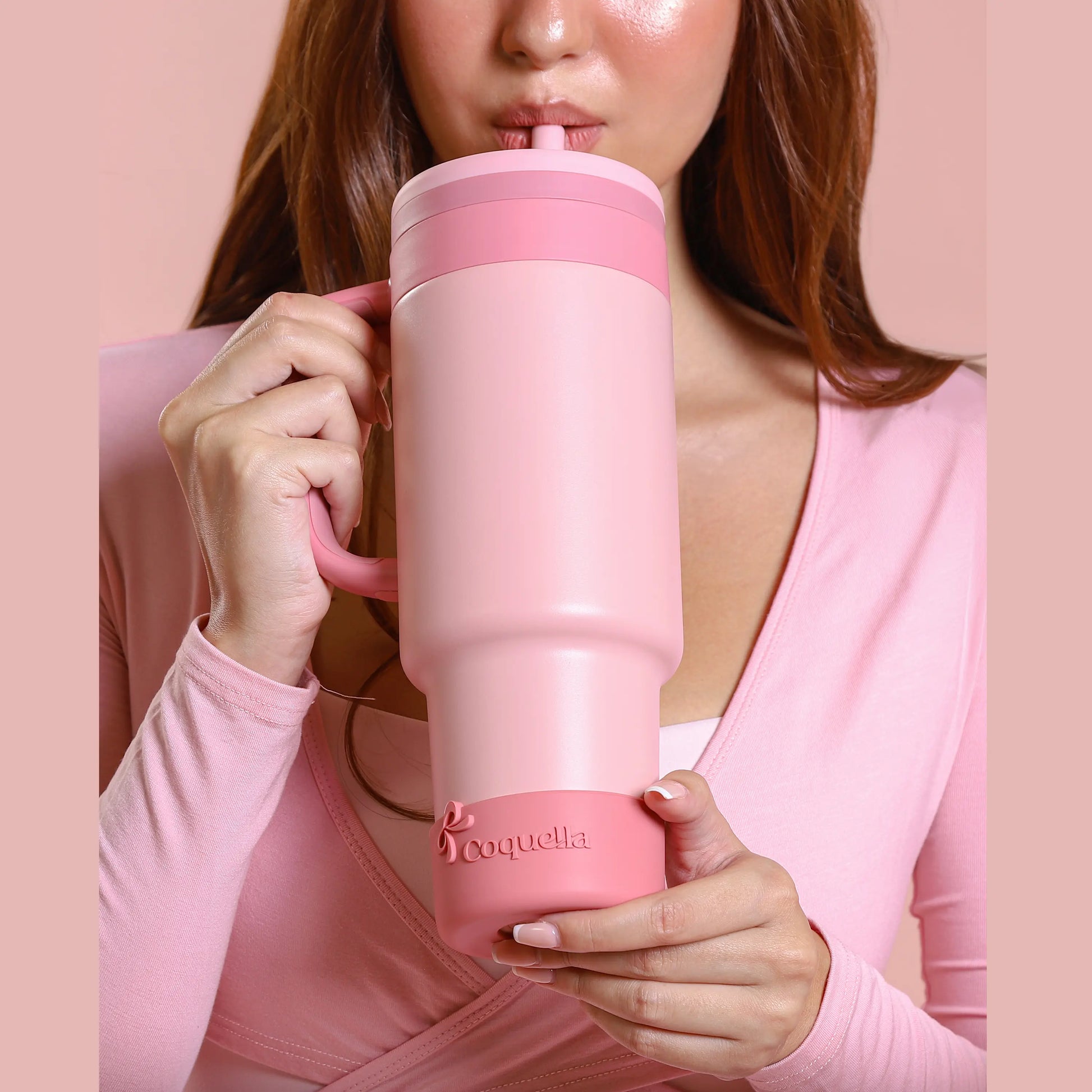 Coquella 40 oz Stainless Steel Insulated Tumbler with Handle and Push-Button Straw Lid, BPA-Free Travel Cup for Gym and Office, Leakproof Design with Silicone Boot, Pink (Rose Quartz)