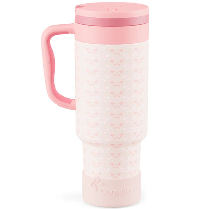 Coquella 40 oz Stainless Steel Insulated Tumbler with Handle and Push-Button Straw Lid, BPA-Free Travel Cup for Gym and Office, Leakproof Design with Silicone Boot, Pink (Rose Quartz)