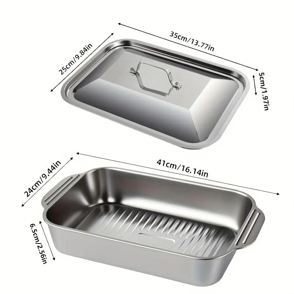 Set of 2 Extra Large Non-Stick Stainless Steel Baking Pans with Lids - 16" x 10" x 3" Rectangular Oven Trays for Desserts, Bread, and Seafood - Ideal for Grilling and Buffet Serving - Oven Safe and Spacious Design - Perfect Mother's Day Gift