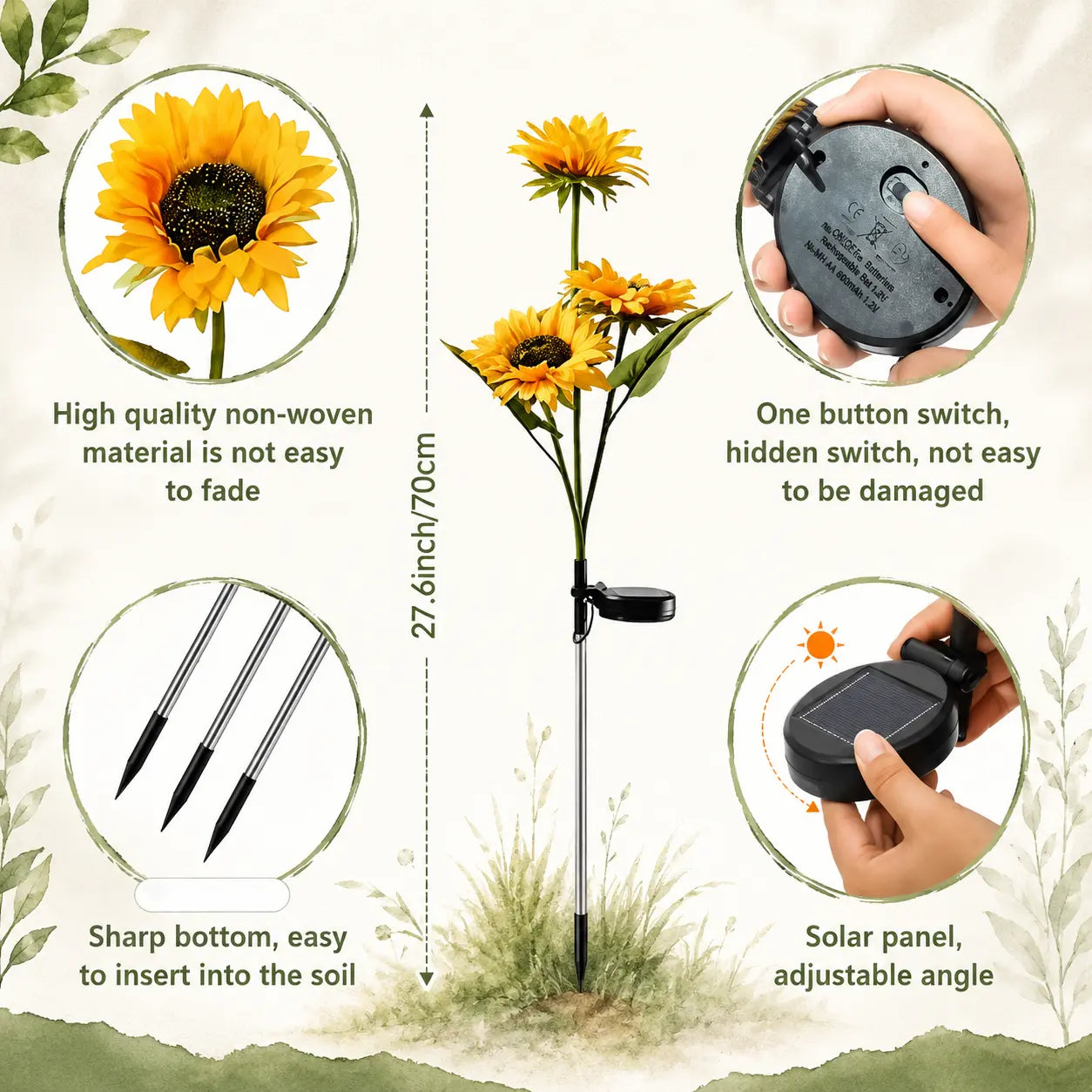 2-Pack Solar LED Sunflower Garden Lights with Realistic Floral Design, Soft Night Glow, IP65 Waterproof, Energy-Efficient All-Weather Outdoor Lamps for Yards and Patios