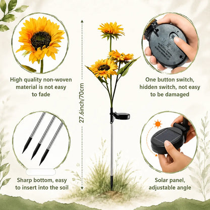 2-Pack Solar LED Sunflower Garden Lights with Realistic Floral Design, Soft Night Glow, IP65 Waterproof, Energy-Efficient All-Weather Outdoor Lamps for Yards and Patios