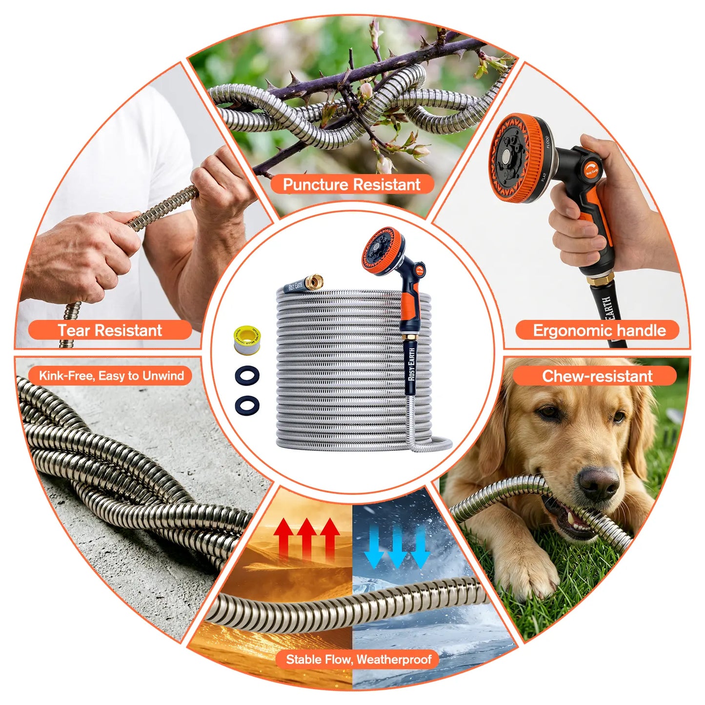 Rosy Earth Stainless Steel Garden Hose - Available in 25, 50, 75, and 100 Feet Lengths, Durable No-Kink Flexible Hose with Sprayer for Efficient Watering and Irrigation Solutions