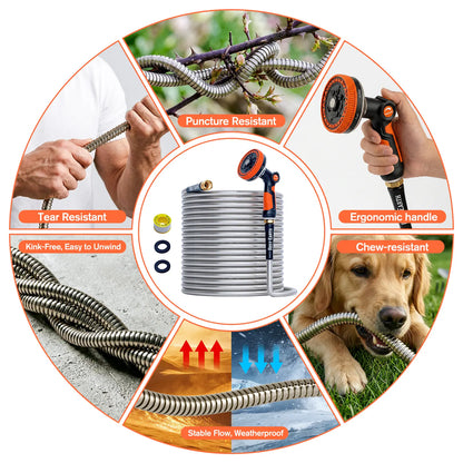 Rosy Earth Stainless Steel Garden Hose - Available in 25, 50, 75, and 100 Feet Lengths, Durable No-Kink Flexible Hose with Sprayer for Efficient Watering and Irrigation Solutions