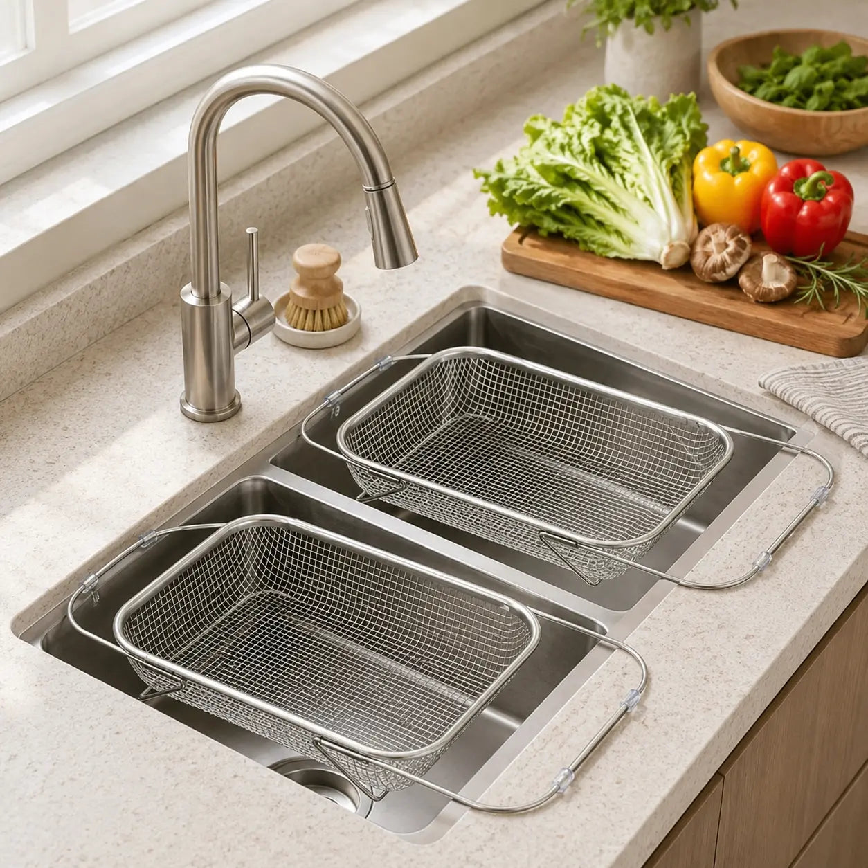 Stainless Steel Expandable Over-The-Sink Colander, Fine Mesh Rectangle Strainer Basket with Handles, Silver Kitchen Essential Utensil