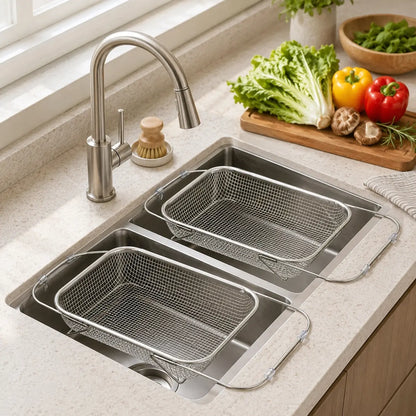 Stainless Steel Expandable Over-The-Sink Colander, Fine Mesh Rectangle Strainer Basket with Handles, Silver Kitchen Essential Utensil