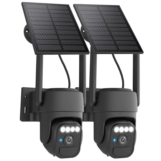 Outdoor Wireless Wi-Fi Solar Camera Set (2 Packs) with Night Vision, IP65 Weatherproof Rating, Motion Detection, Pan & Tilt Control, and Two-Way Audio