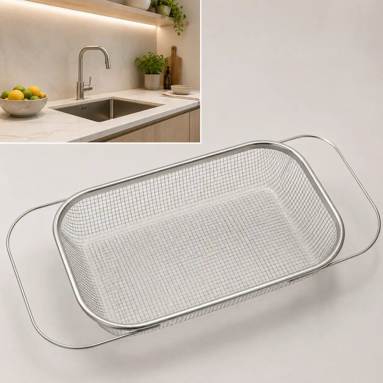 Stainless Steel Expandable Over-The-Sink Colander, Fine Mesh Rectangle Strainer Basket with Handles, Silver Kitchen Essential Utensil