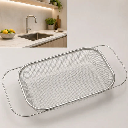 Stainless Steel Expandable Over-The-Sink Colander, Fine Mesh Rectangle Strainer Basket with Handles, Silver Kitchen Essential Utensil