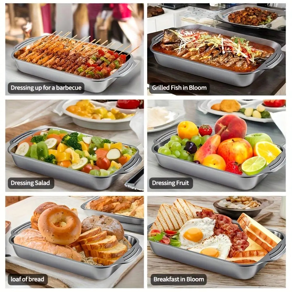 Set of 2 Extra Large Non-Stick Stainless Steel Baking Pans with Lids - 16" x 10" x 3" Rectangular Oven Trays for Desserts, Bread, and Seafood - Ideal for Grilling and Buffet Serving - Oven Safe and Spacious Design - Perfect Mother's Day Gift