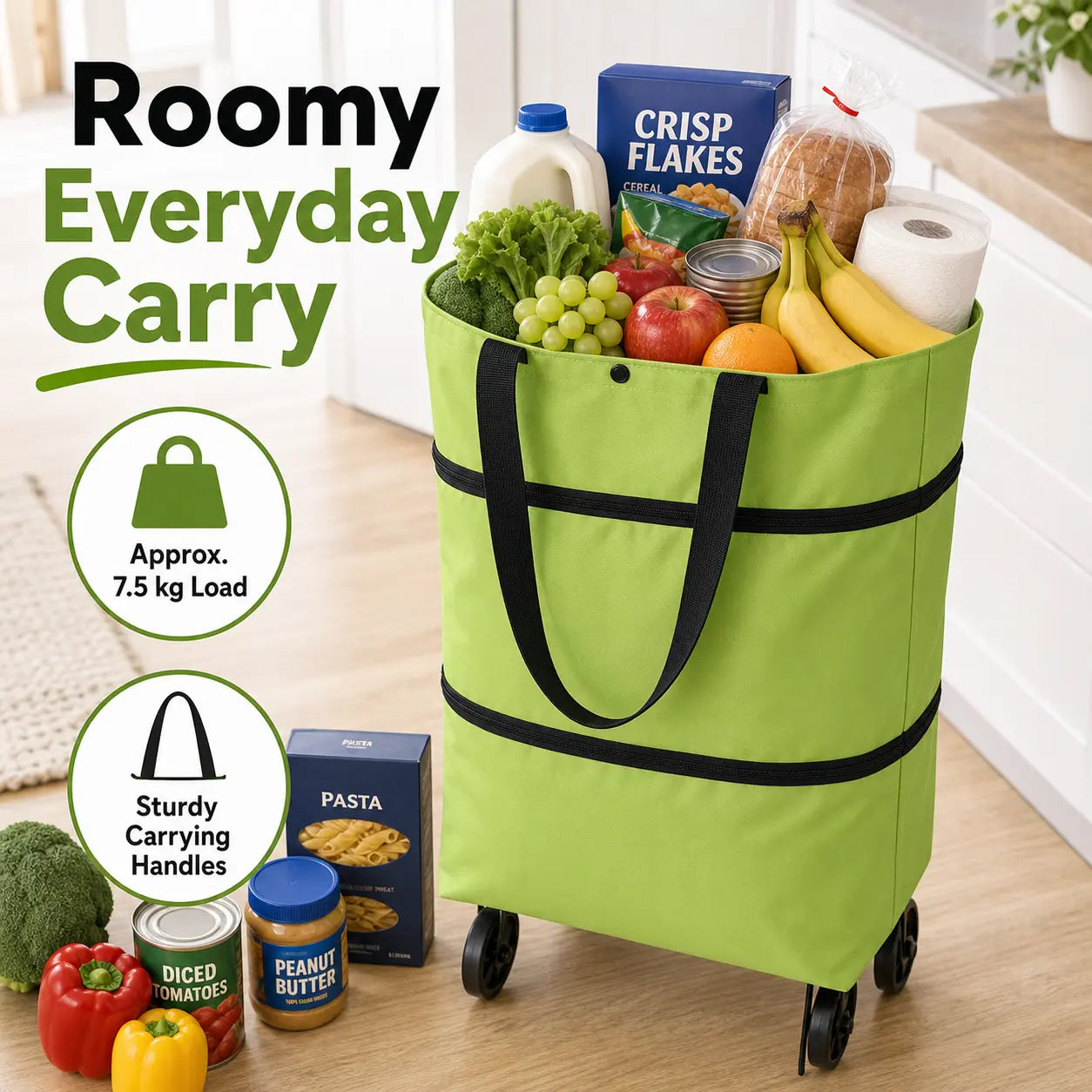 Foldable Rolling Shopping Cart with Wheels, Reusable Grocery Tote, Lightweight Oxford Cloth Bag with Handles for Groceries, Laundry, Travel, and Errands