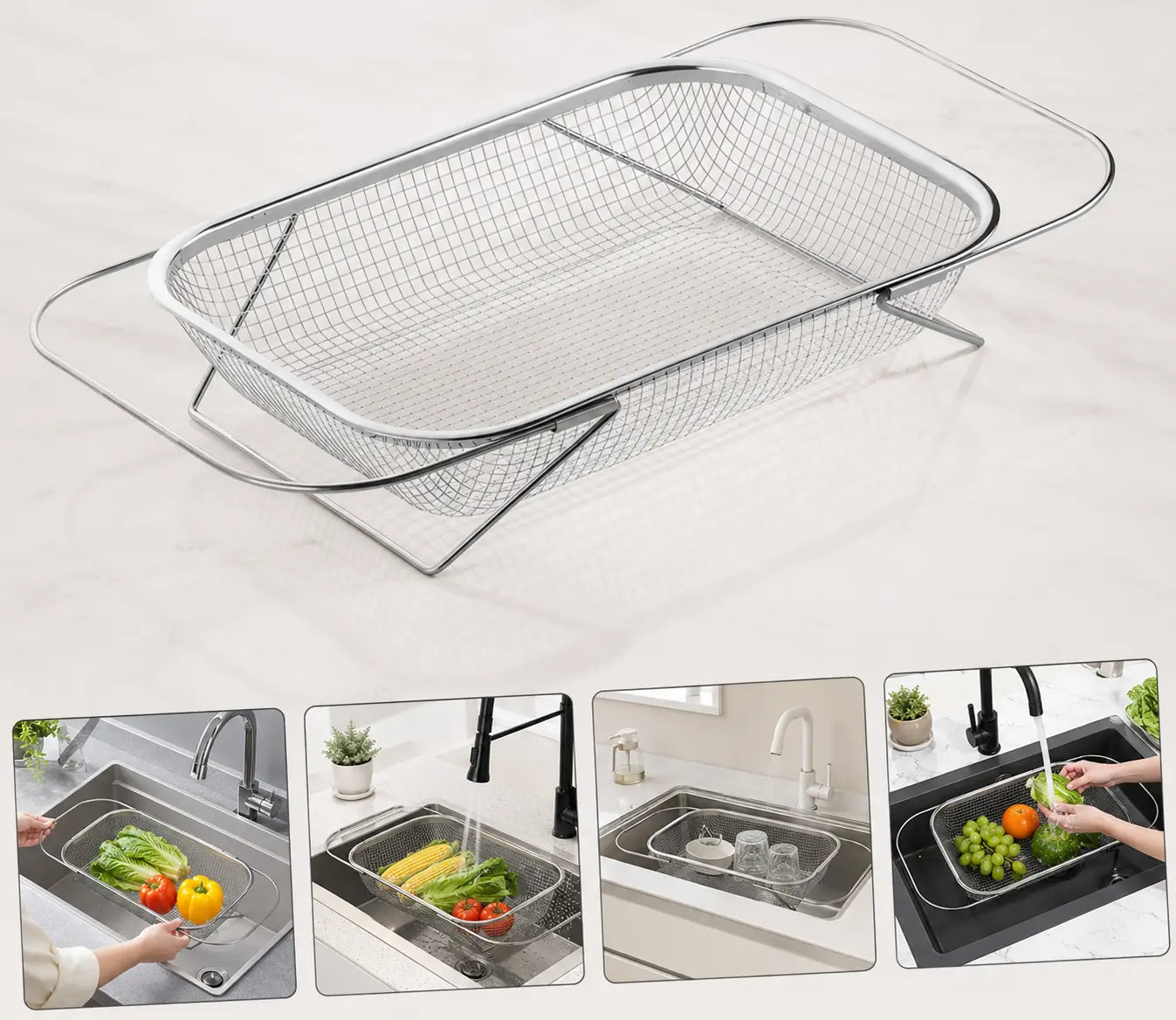 Stainless Steel Expandable Over-The-Sink Colander, Fine Mesh Rectangle Strainer Basket with Handles, Silver Kitchen Essential Utensil