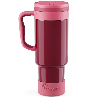 Coquella 40 oz Stainless Steel Insulated Tumbler with Handle and Push-Button Straw Lid, BPA-Free Travel Cup for Gym and Office, Leakproof Design with Silicone Boot, Pink (Rose Quartz)