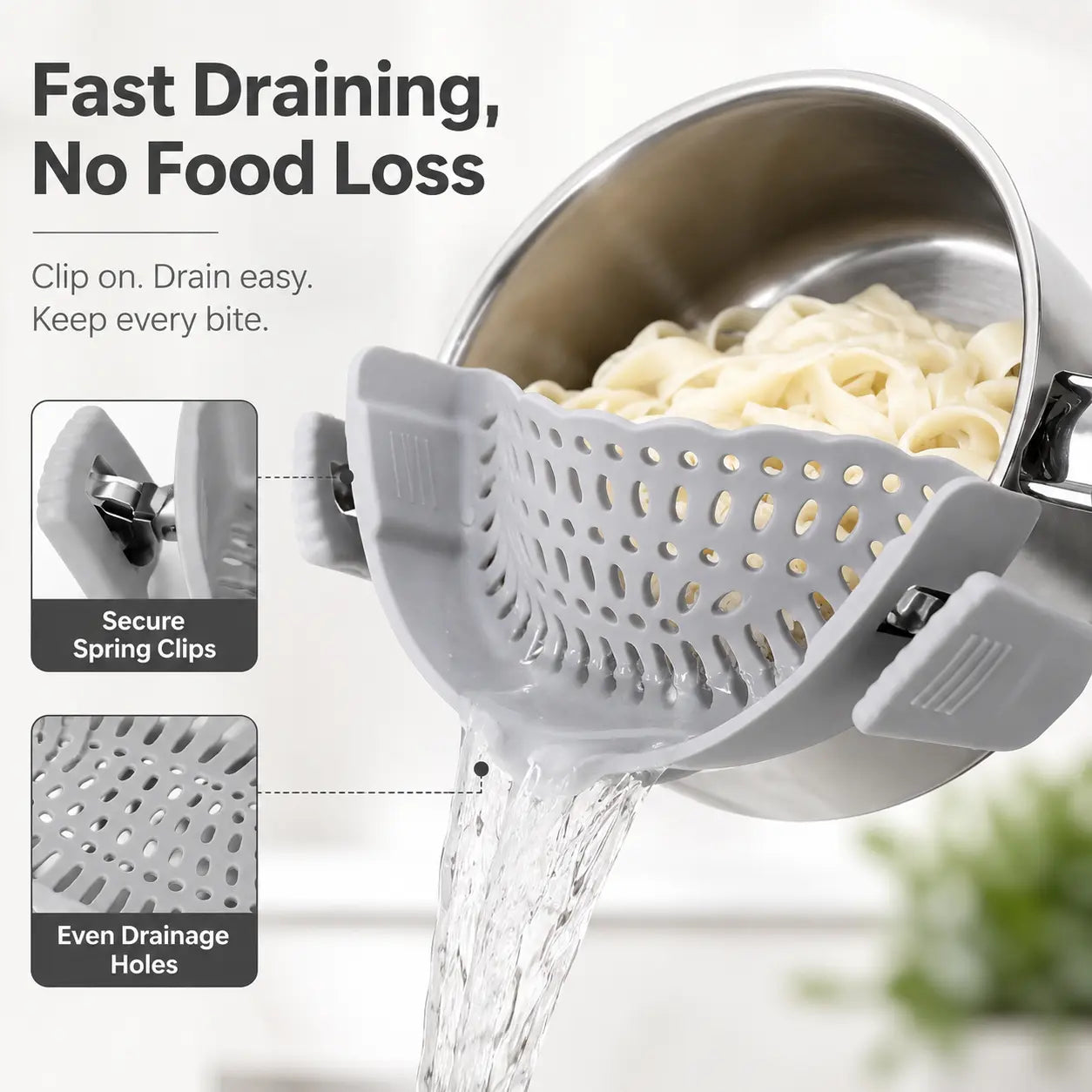 Silicone Clip-On Colander and Strainer for Pots, Pans, and Bowls - Ideal Kitchen Tool for Draining Pasta and Vegetables