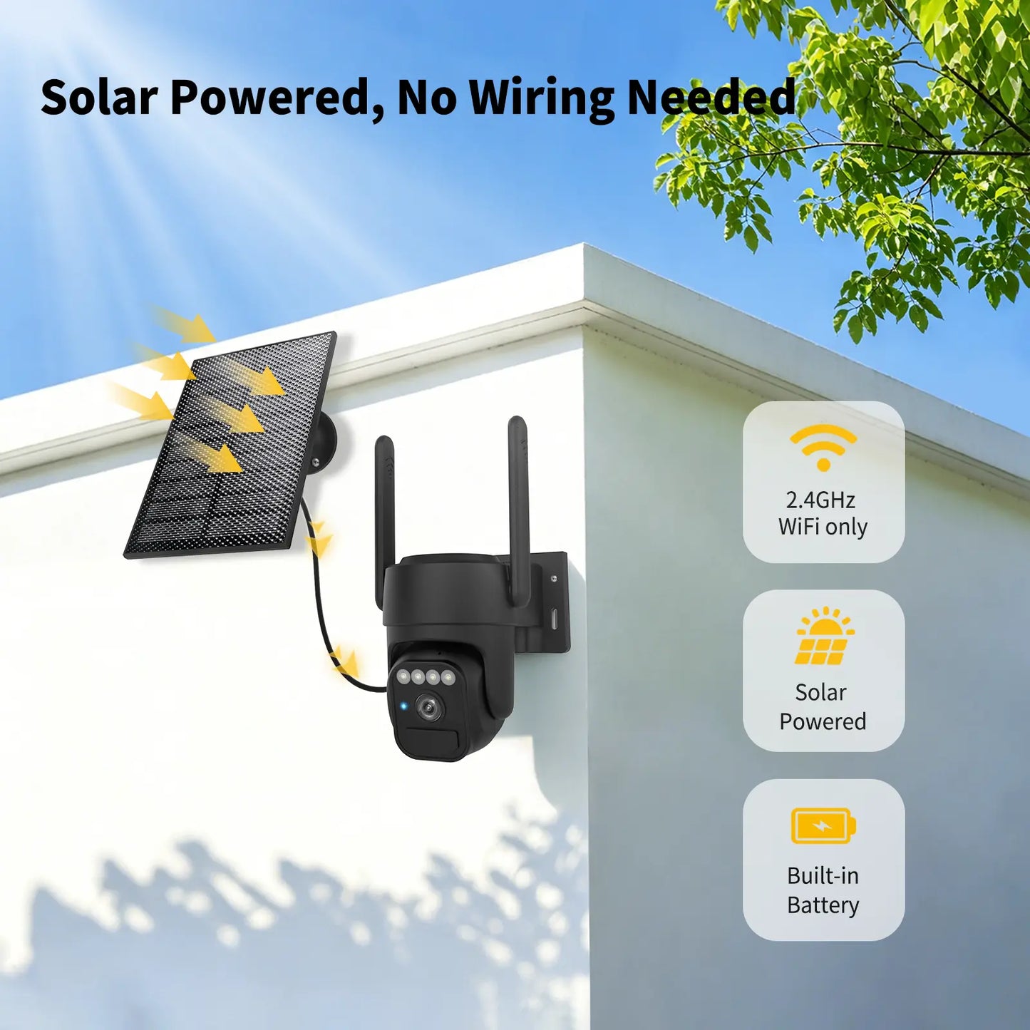 Outdoor Wireless Wi-Fi Solar Camera Set (2 Packs) with Night Vision, IP65 Weatherproof Rating, Motion Detection, Pan & Tilt Control, and Two-Way Audio